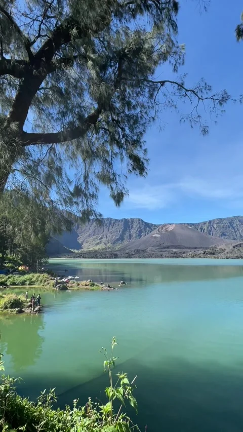 View of amazing scenery lake surrounded with forest pine trees in blue sky. Stock Footage 332258378