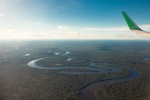 View of the Amazon River from an airplane, dense tropical forest, reflection in Stock Photos
