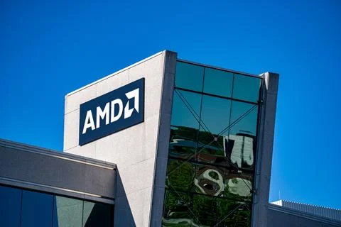 View of AMD logo on modern office building. Markham, Canada - May 30, 2026. Foto stock