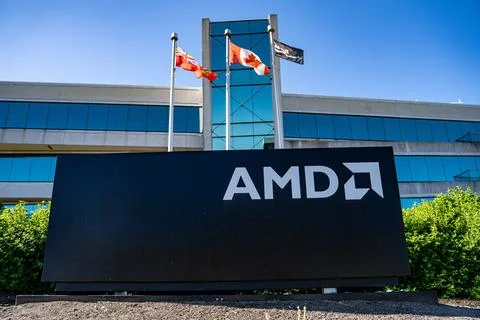 View of AMD sign in front of office building. Markham, Canada - May 30, 2026. Foto stock