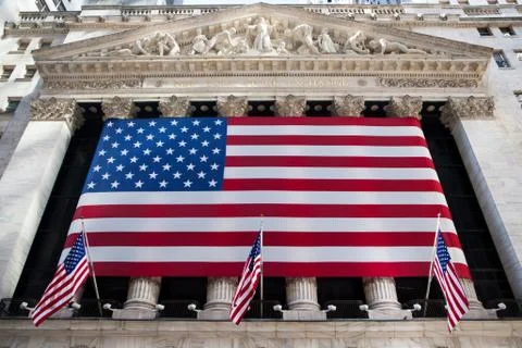 View of American flags on the New York Stock Exchange, New York, USA Stock Photos