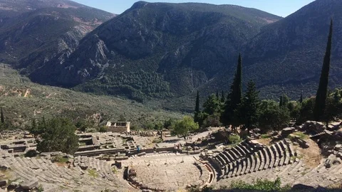 The view on amphitheater, in the archaeological site of Delphi, Greece. 4k video Stock Footage 81539488