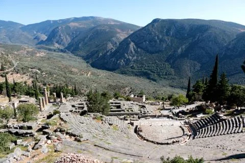The view on amphitheater, in the archaeological site of Delphi, Greece Foto stock