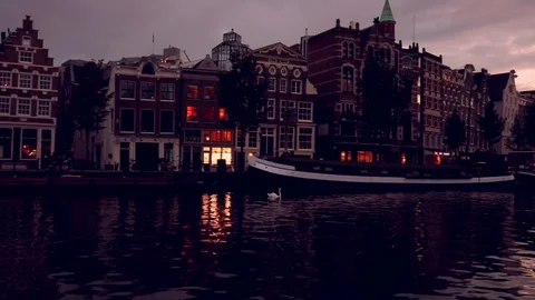 View of the Amstel at sunset, Amsterdam Stock Footage 78149895