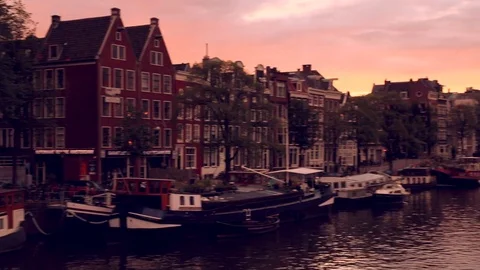 View of the Amstel at sunset, Amsterdam. Stock Footage 78149903