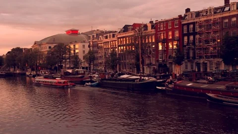 View of the Amstel at sunset, Amsterdam Stock Footage 78149906