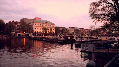 View of the Amstel at sunset, Amsterdam. Stock Footage 78149928