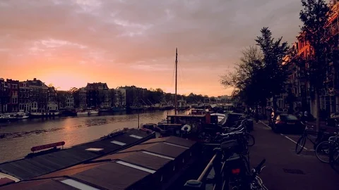 View of the Amstel at sunset, Amsterdam. Stock Footage 78149933