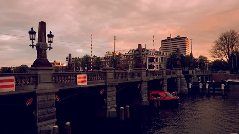 View of the Amstel at sunset, Amsterdam. Stock Footage 78149948