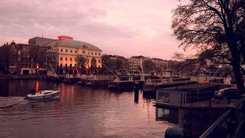 View of the Amstel at sunset, Amsterdam. Stock Footage 78149989