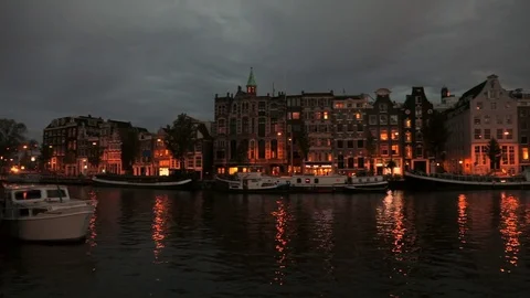 View of the Amstel at sunset, Amsterdam. Stock Footage 78150656