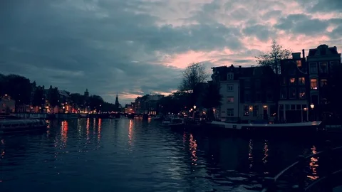 View of the Amstel at sunset, Amsterdam. Stock Footage 78150664