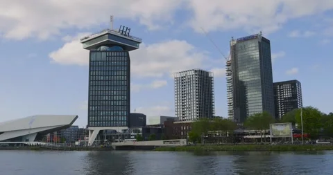 View of Amsterdam skyline featuring Eye film museum and Amsterdam Lookout T.. Stock Footage 326853104