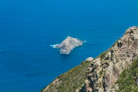 View from the Anaga mountains down to the Roque del Dentro in Tenerife, Spain Stock Photos