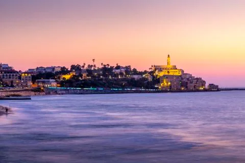 View of ancient Arabic seaport of Jaffa at dusk, Tel Aviv, Israel, Middle East Stock Photos