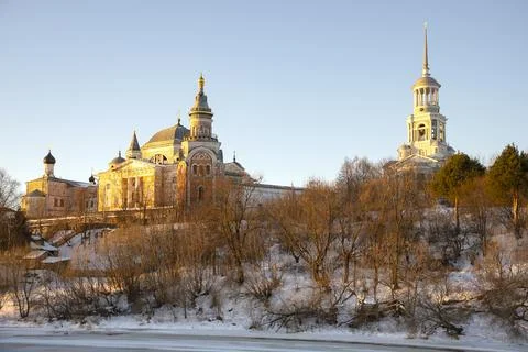 View of the ancient Borisoglebsky Monastery on a winter day. Torzhok Stock Photos