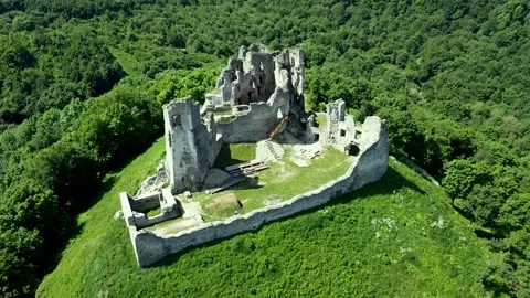 View of the ancient Brekov castle ruins from a drone Stock Footage 276165704