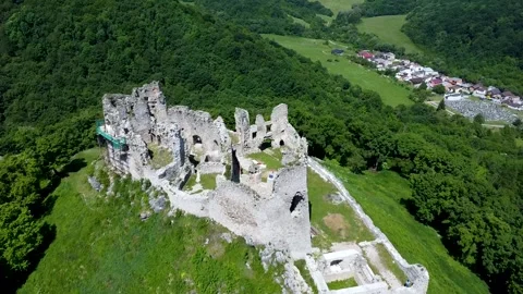 View of the ancient Brekov castle ruins from a drone Stock Footage 276165705