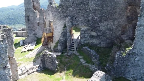 View of the ancient Brekov castle ruins from a drone Stock Footage 276166136