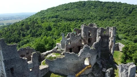 View of the ancient Brekov castle ruins from a drone Stock Footage 276167785