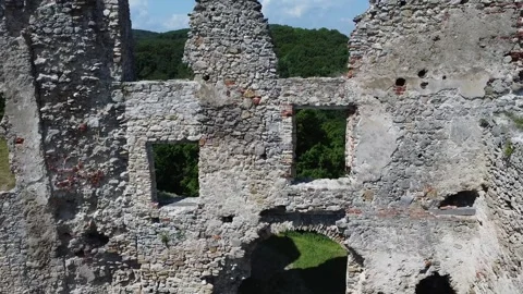 View of the ancient Brekov castle ruins from a drone Stock Footage 276169488