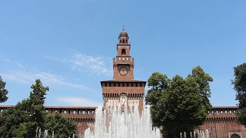 View of ancient castle (Castello Sforzesco) and fountain Stock Footage 124669245
