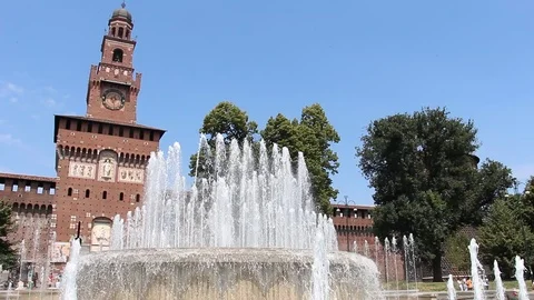 View of ancient castle (Castello Sforzesco) and fountain Stock Footage 124669261