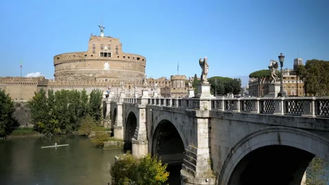 View of the ancient Castle Sant'Angelo from opposite side of the Tiber river. Stock Footage 144670628