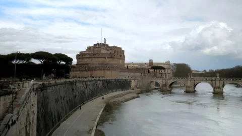 View of the ancient Castle Sant'Angelo from the opposite side of the Tiber river Stock Footage 153667455