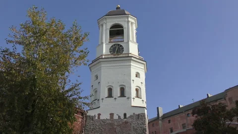 View of The ancient Clock Tower in the city of Vyborg Stock-Footage 120934781