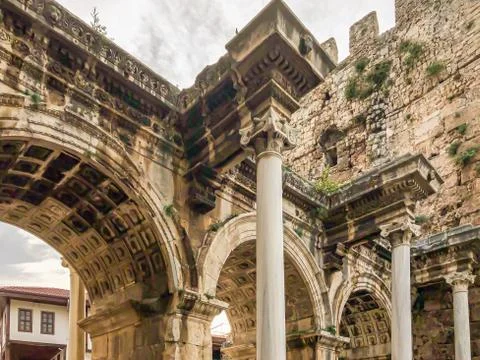View of ancient monument Hadrian's Gate Uckapilar in old city of Antalya Stock Photos