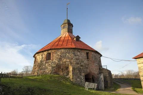 View of the ancient round tower of Lars Torstensson (Pugachev Tower). Priozersk Stock Photos