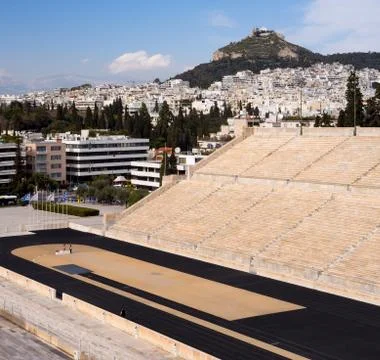 View of the ancient stadium of the first Olympic Games the Lycabettus hill Stock Photos