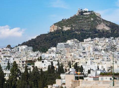 View of the ancient stadium of the first Olympic Games in white marble Stock Photos