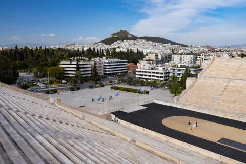 View of the ancient stadium of the first Olympic Games in white marble Stock Photos