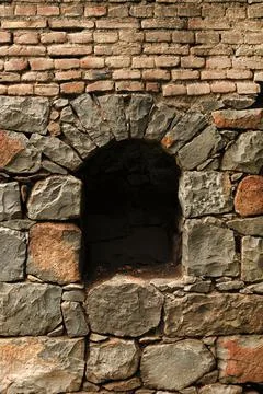 View from the ancient stone window, Medieval stone arch, Stock Photos