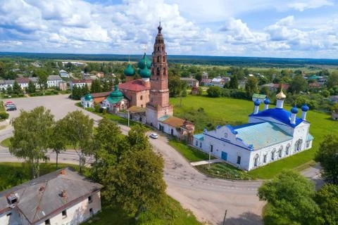 View of the ancient temple complex of Velikoye village. Yaroslavl region, Russia Stock Photos