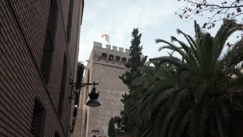 View of the ancient tower with Valencia flag with old wall and palm tree Stock Footage 261684320