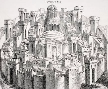View And Plan Of Jerusalem. Facsimile Of A Woodcut In The Liber Chronicarum M 库存照片
