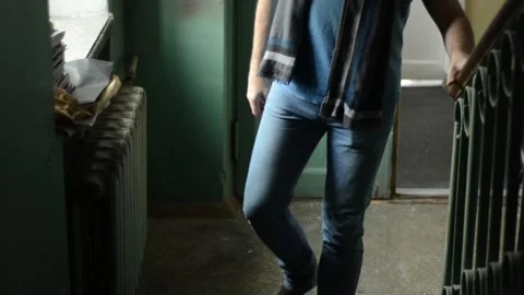 The view and the scene of a man walking, going down Stock-Footage 129732939