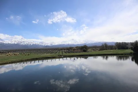 View of the Andes and its reflection in a lake in the Mendoza region, Argentina Foto stock