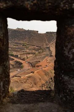View of another half of Ratnadurga fort from bastion's window Stock Photos