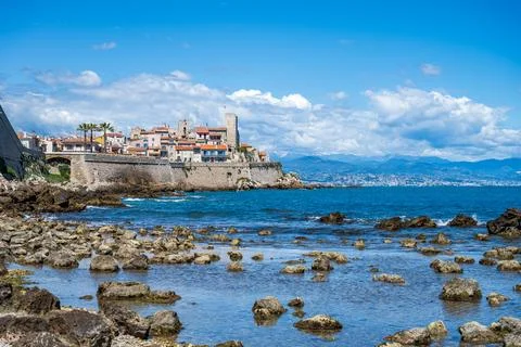 View to Antibes from the beach from frog perspective Stock Photos