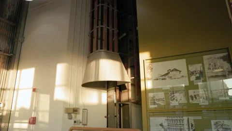 View of an antique elevator inside a silo that was used by the workers of Stock Footage 234521557