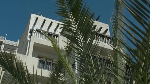 View of the apartment through a palm tree in motion Stock Footage 130751597