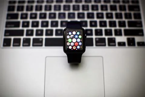 View of apple watch on table Stock Photos
