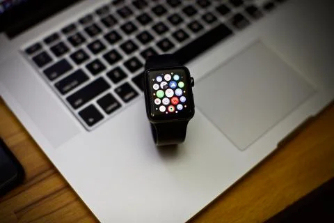 View of apple watch on table 스톡 사진