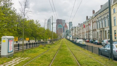 View on approaching tram and the Hague skyscrapers on the background. Stock Footage 119888577