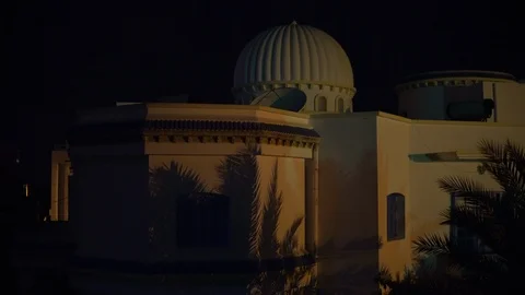 View of the Arab building at night. Wind shakes near growing palm trees. Arabic Stock Footage 120034119