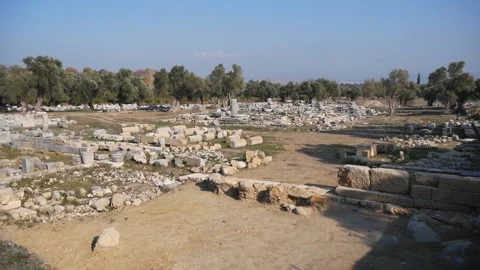 View Of The Archaeological Site With A Large Group Of Ancient Artifacts Stock Footage 195929769